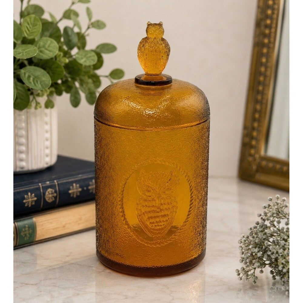 Vintage Amber Owl Textured Glass Apothecary Candy Jar Canister w/ Lid 7”